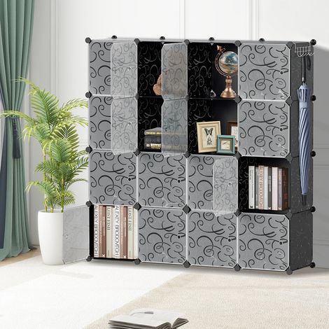 Wolketon DIY Kleiderschrank Regalsystem Schuhregal 16 Würfel Garderobe aus Kunststoff, 140x140x35cm Schwarz und weiß