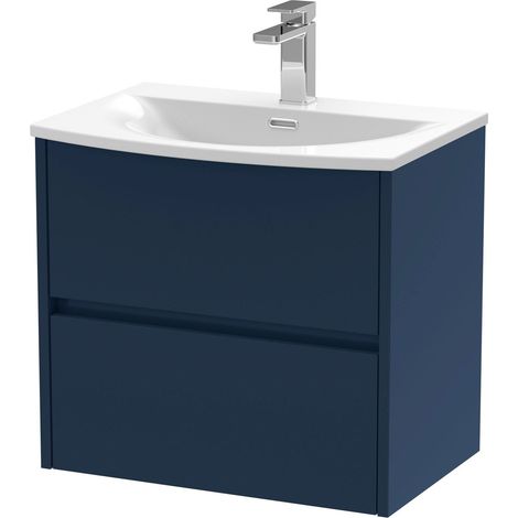 Chartley Contemporary 2 Drawer Wall Hung Vanity Unit with Curved Basin, Midnight Blue, 600mm (1/4)