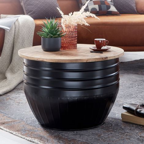 Table basse ronde 60 cm en manguier naturel et fer noir (1/5)