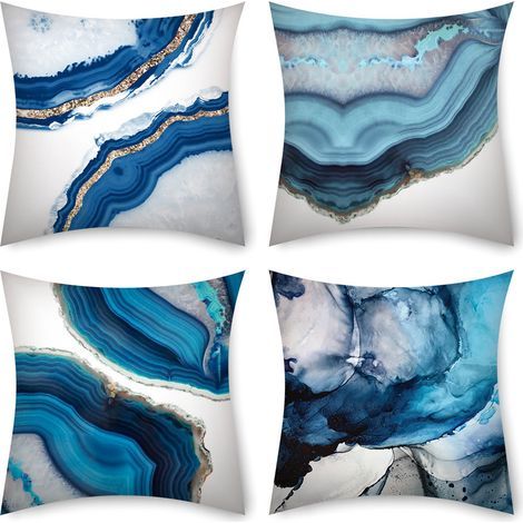 Taie d'oreiller, Set de 4 Housse de Coussin, Taies d'oreiller Décoratives en Lin, couvre-oreiller intérieur extérieur imperméable, Housse de Coussin pour banc canapé salon décor 45 x 45 cm (Océan) (pa (1/5)
