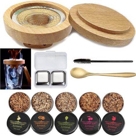 Juego de 10 utensilios para remover cócteles ahumados (con 5 sabores ahumados y 2 cubitos de hielo de acero inoxidable) (1/5)