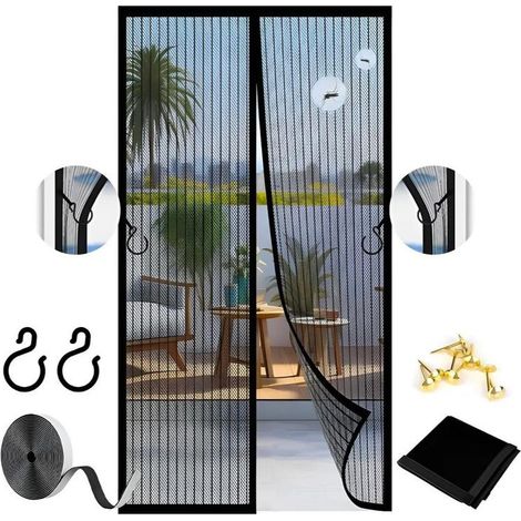 Moustiquaire Magnétique pour Porte et Fenêtre 130x210cm– Maille Ultra Fine et Très Dense, Aimants Puissants, Fermeture Automatique, Version avec Crochets – Noir (1/5)