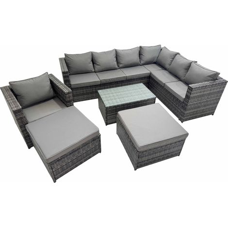 Fimous Patio Sofa Oblong Coffee Table Set Rattan Garden Furniture Set with 2 Big Stools Chair Dark Grey Mixed (1/5)
