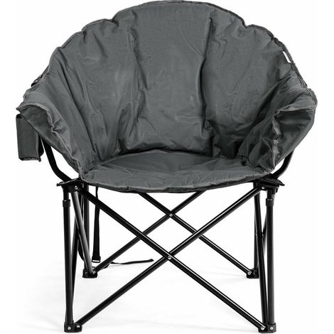 Chaise pliante grise en acier et tissu Oxford avec coussin, porte-gobelet et sac de transport pour camping, jardin et pêche