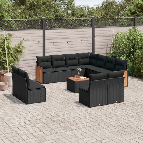 Ensemble Salon Jardin 12 Pièces Résine Tressée Noir Coussins Amovibles (1/5)