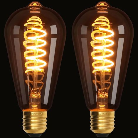 Lot de 2 ampoules LED vintage E27, ST64, 4 W, filament spiralé, lumière jaune chaud 2200 K, verre transparent, ampoule Edison à intensité variable (1/5)