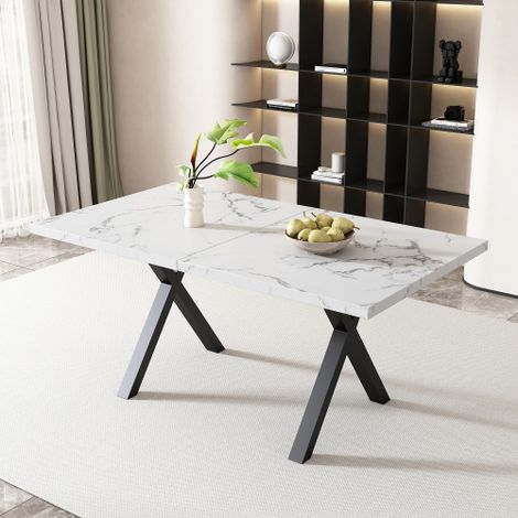 Mesa de comedor rectangular 140x80x76 cm con patas cruzadas, efecto mármol, color negro y blanco (1/5)
