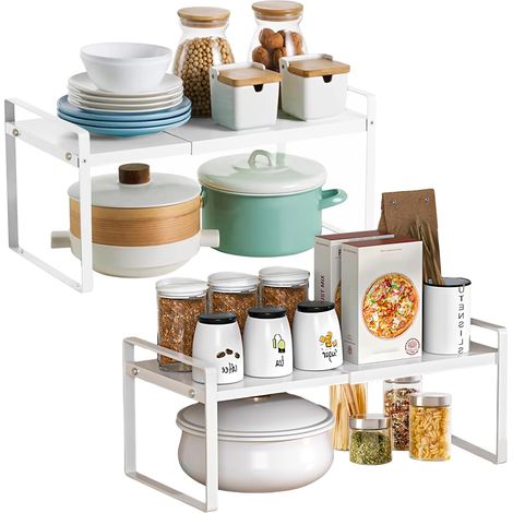 2 Piece Kitchen Cupboard Storage Rack Extendable 35-65 cm, White Metal Kitchen Storage Shelf, 22 x 17 cm, Adjustable Organizer for Worktop and Office