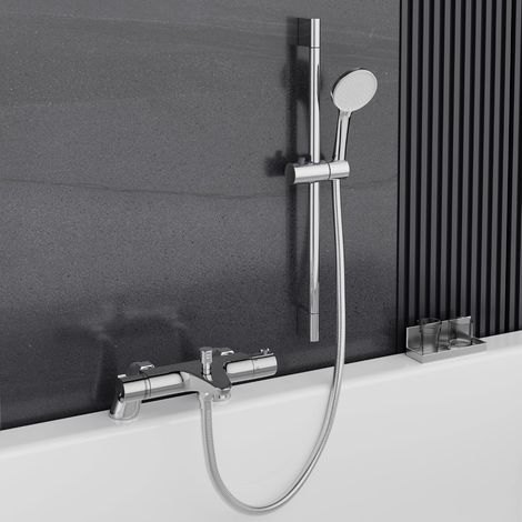 Mitigeur Baignoire Thermostatique avec Douchette et Flexible (150mm), Ensemble de Douche, Barre de 700mm, Chromé