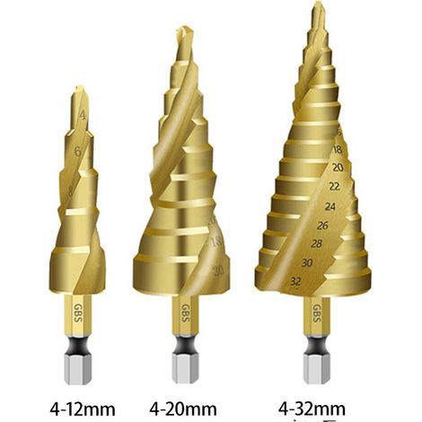 3PCS Foret Fraise Meche Etage, HSS Inox Metal, 4-12/20/32mm, Triangle Conique Titane, avec Tige Hexagone, Pour Visseuse Percage sur Acier, Laiton, Bois, Plastique (1/5)