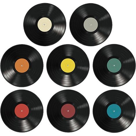 Set of 8 decorative wall stickers in the shape of vinyl records, bright colours, 24.5 x 14.5 cm. (1/2)