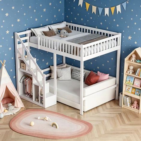 Lit superposé 90×200 cm, lit enfant avec rangement, lit simple avec échelle de rangement, armoire, lit mezzanine avec barrière de sécurité haute, sommier à lattes, Bois massif,Beige.