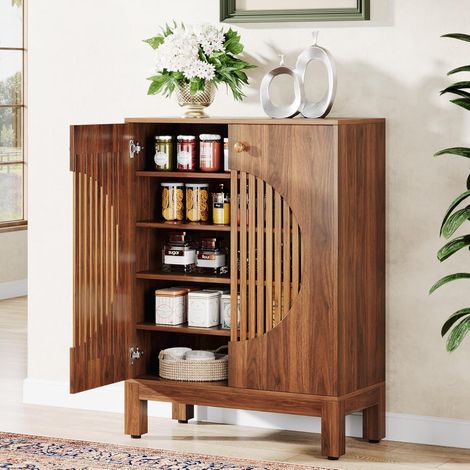 Tribesigns Credenza da buffet con ante tonde a feritoie, contenitore da cucina con ripiani rimovibili, armadietto in legno a 5 ripiani per soggiorno, sala da pranzo (marrone) (1/5)