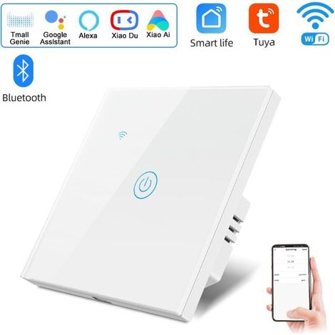 Interrupteur connecté Wi-Fi compatible avec Alexa, interrupteur mural 1 voie, panneau en verre trempé blanc, application Tuya/Smart Life (1/4)