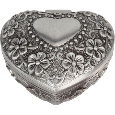 Kleine, herzförmige Schmuckschatulle im europäischen Vintage-Stil, Metalldose mit geschnitztem Blumendekor, Aufbewahrungsmöglichkeit für Broschen, Ringe und Ohrringe. (1/5)