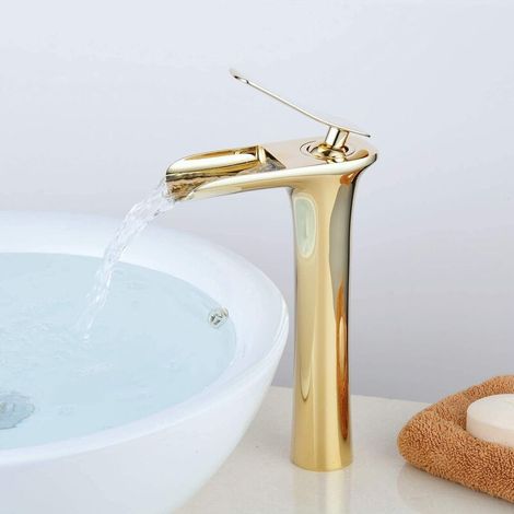 Mitigeur Cascade Robinet Grand Corps Trou Montage Lavabo Robinets De Lavabo De Salle De Bains Or Mitigeur Lavabo Chaud Et Froid tout en cuivre