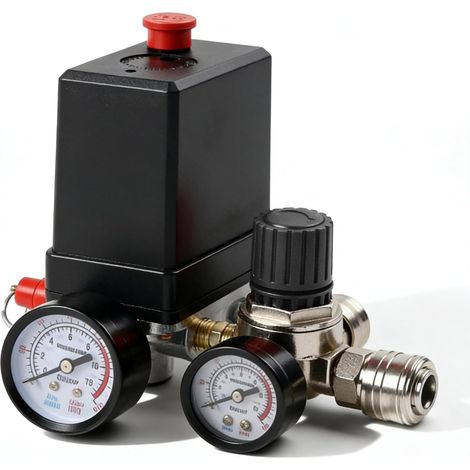 Pressostat Compresseur D'air, 220 V Régulateur De Pression, 90-120 Psi Pressostat Compresseur Avec Valve De Sécurité Et Manomètre, Soupape De Compresseur D'air Pour Une Décompression Rapide (1/5)
