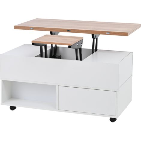 Tavolino da caffè sollevabile con ruote 100 x 50 x 52 cm in truciolare bianco effetto legno MODENUIT (1/5)