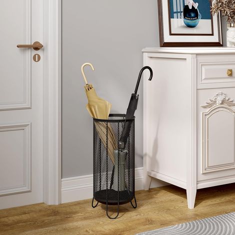 Woltu – Porte-parapluie rond en métal antirouille 23x23x49cm – Bac d'égouttement et 4 crochets – Pour entrée, bureau, magasin – Anthracite (1/5)