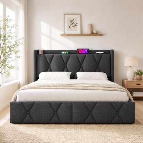 Cama tapizada 160x200 cm con 4 cajones, USB y enchufes, tejido efecto lino gris, REDOM (1/5)