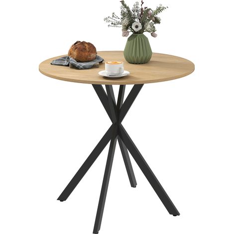 Table à manger ronde pour 2 personnes avec plateau aspect bois et piètement croisé en acier, blanc chêne