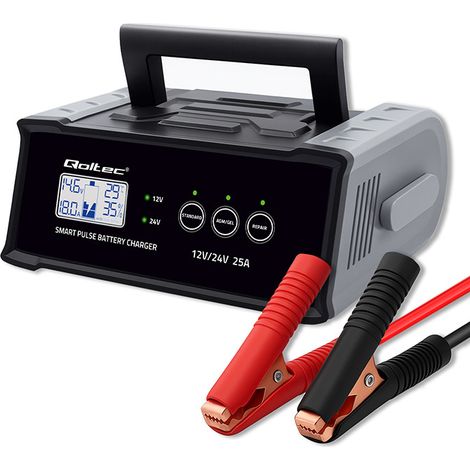 Caricabatterie intelligente a microprocessore Qoltec 12V 24V 25A Raddrizzatore con funzione di riparazione per batterie AGM GEL SLA Display LCD (1/5)