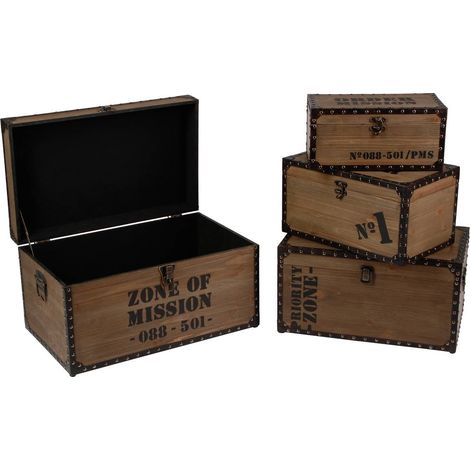 Atmosphera – Lot de 4 malles de rangement en MDF – Style rétro industriel – Dimensions variées L34-56 x l19-34 x H16-29 cm – Fermetures métal