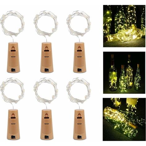 Lot de 6 lumières LED pour bouteilles, 20 LED, 100 cm, fil cuivre blanc chaud, à piles, avec bouchon liège – DELKEVIC (1/5)