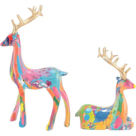 Lot de 2 figurines de rennes en résine, statues de cerfs et d'élans, ornements décoratifs pour la maison, le bureau, la télévision ou une cave à vin. (1/5)