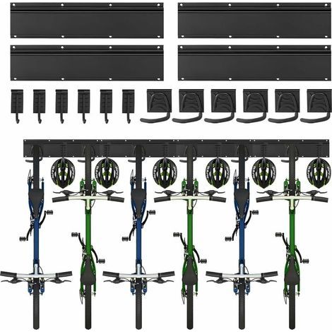 Support mural pour vélo, support mural pour 6 vélos, 6 casques, crochet de rangement pour outils pour garage ou maison, crochet vertical pour vélo (largeur intérieure : 90 mm) – 4 rails (1/5)