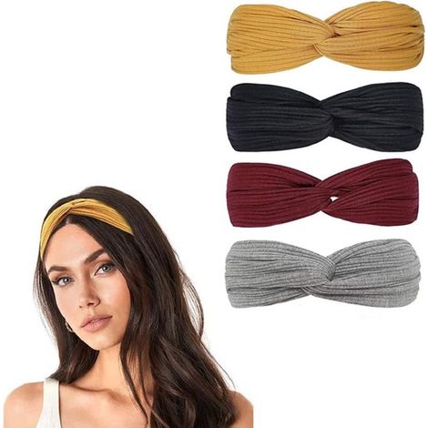 Diademas de punto con nudo cruzado, diademas para mujer, diademas para adultos, 5 cm de ancho, 24 cm de largo, 4 piezas, 4 colores (burdeos, gris claro, negro, amarillo) (1/5)