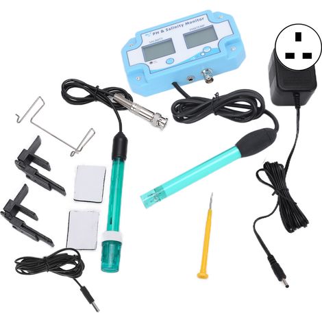 Analyseur de qualité d'eau 3-en-1 pH, salinité et température pour aquarium, moniteur numérique avec sonde, prise UK 220V-240V, mesureur précis de paramètres aquatiques. (1/5)