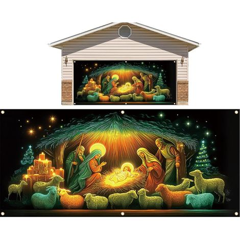 Housse de Porte pour Noël Couverture De Porte D'Entrée Religieuse Grande Décoration de Noël pour Porche avec Panneau et Bannière Pour Intérieur Et Extérieur Maison Fête Ferme