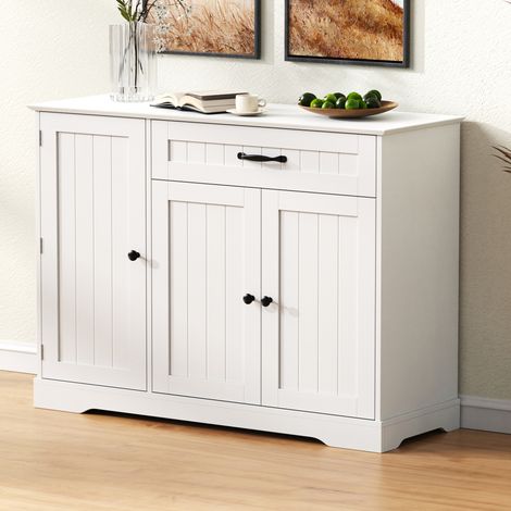 Buffet blanc en MDF avec 3 portes, 1 tiroir, étagères réglables et poignées noires (1/5)