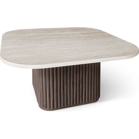 Table basse carrée effet travertin naturel – Plateau 80x80cm – Pied strié effet noyer – Hauteur 34cm – MDF et panneaux mélaminés (1/5)