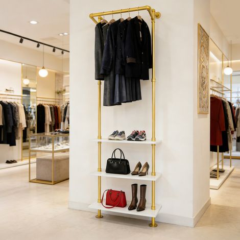Porte-vêtements doré à 3 étagères, présentoir pour vêtements, sacs et chaussures, avec cintres amovibles, idéal pour la chambre, les boutiques de vêtements et les couloirs (200 × 15 × 50 cm)