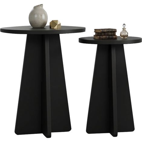 Sofatisch Dorina, 2er-Set, rund, Tischplatte aus Edelfurnier, 40x40x50h cm, Schwarz