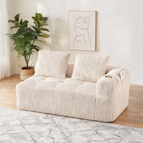 Canapé 2 places en velours côtelé beige avec rangements latéraux (1/5)