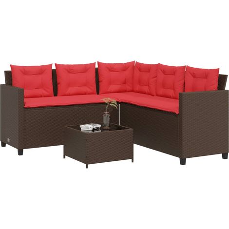Salon de jardin en résine tressée avec canapé d’angle, table et coussins marron et rouges - PANGIVO (1/5)