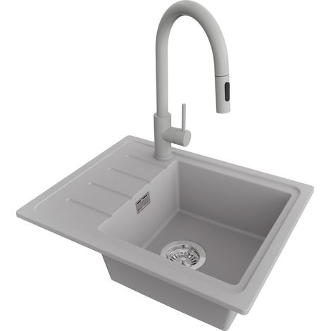 PRIMAGRAN Evier Cuisine en Granit 55x44cm,Lavabo 1 bac + Robinet 40x20cm + Kit de Vidage, Évier à Encastrer au meuble 45cm - Copenhague Easy, Gris (1/5)