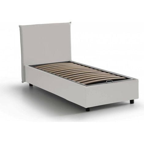 Talamo Italia Letto singolo Brigida, Letto contenitore con rivestimento in ecopelle, 100% Made in Italy, Apertura frontale, adatto per materasso Cm 80x190, Bianco, con imballo rinforzato