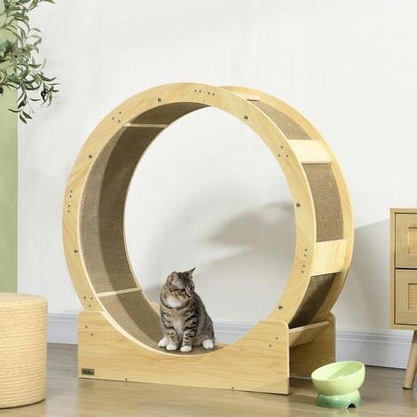 Roue de course pour chat d'intérieur tapis roulant avec frein coussins de grattage diamètre 91 cm naturel (1/5)