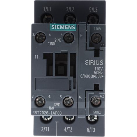 Contacteur Siemens série 3RT2, 3 pôles , 3NO, 25 A, 110 V c.a., 11 kW ( Prix pour 1 )