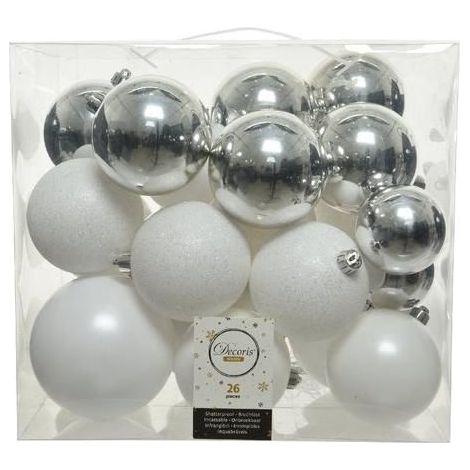 Amicasa, Palline di Natale, 26 Pezzi, Mix Bianco e Argento, Decorazioni Albero