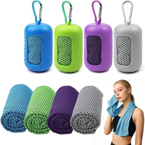 Lot de 4 serviettes rafraîchissantes, 90 x 30 cm, en microfibre, séchage rapide, avec housse en silicone et mousqueton, idéales pour le fitness, la salle de sport, le yoga et les voyages (4 couleurs). (1/5)