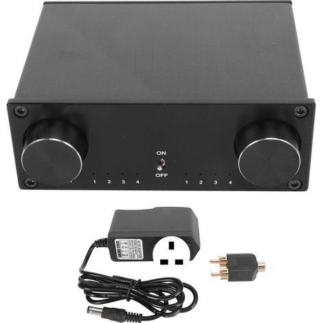 HiFi-Audio-Umschalter mit 4 Eingängen und 4 Ausgängen, Zweikanalbetrieb, vergoldete Cinch-Anschlüsse, geräuschloses und verlustfreies Schalten, 100–240-V-Netzteil mit UK-Stecker (1/5)