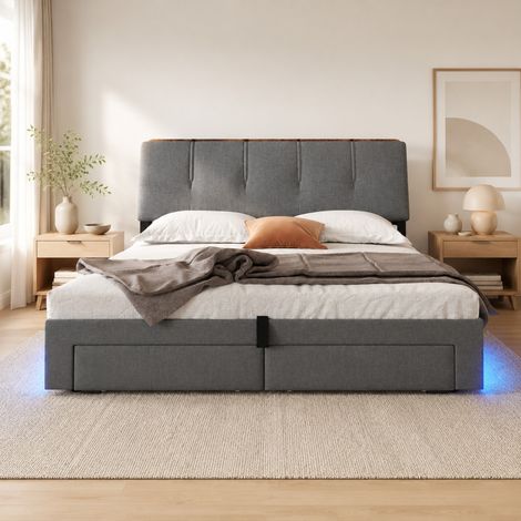 Polsterbett 140x200 cm Grau mit hydraulischem Stauraum, USB-C und LED (1/5)