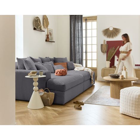Lisa Design – Canapé droit 4 places avec double méridienne – Assise profonde en velours côtelé – Style contemporain – Gris – Montage facile