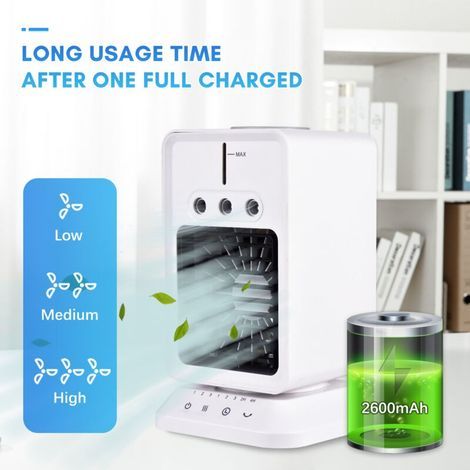 Portable desk fan, mini air cooler, room humidifier, with 3 adjustable wind speeds, timer, USB, evaporative, for home, bedroom, etc. (1/5)