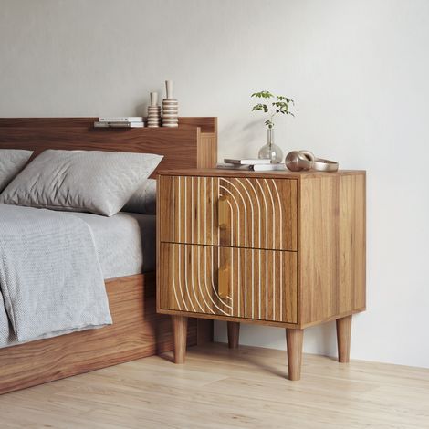 Table de chevet 48x38x56 cm en MDF brun noyer, 2 tiroirs, rangement pour chambre – MEUBLIV (1/5)
